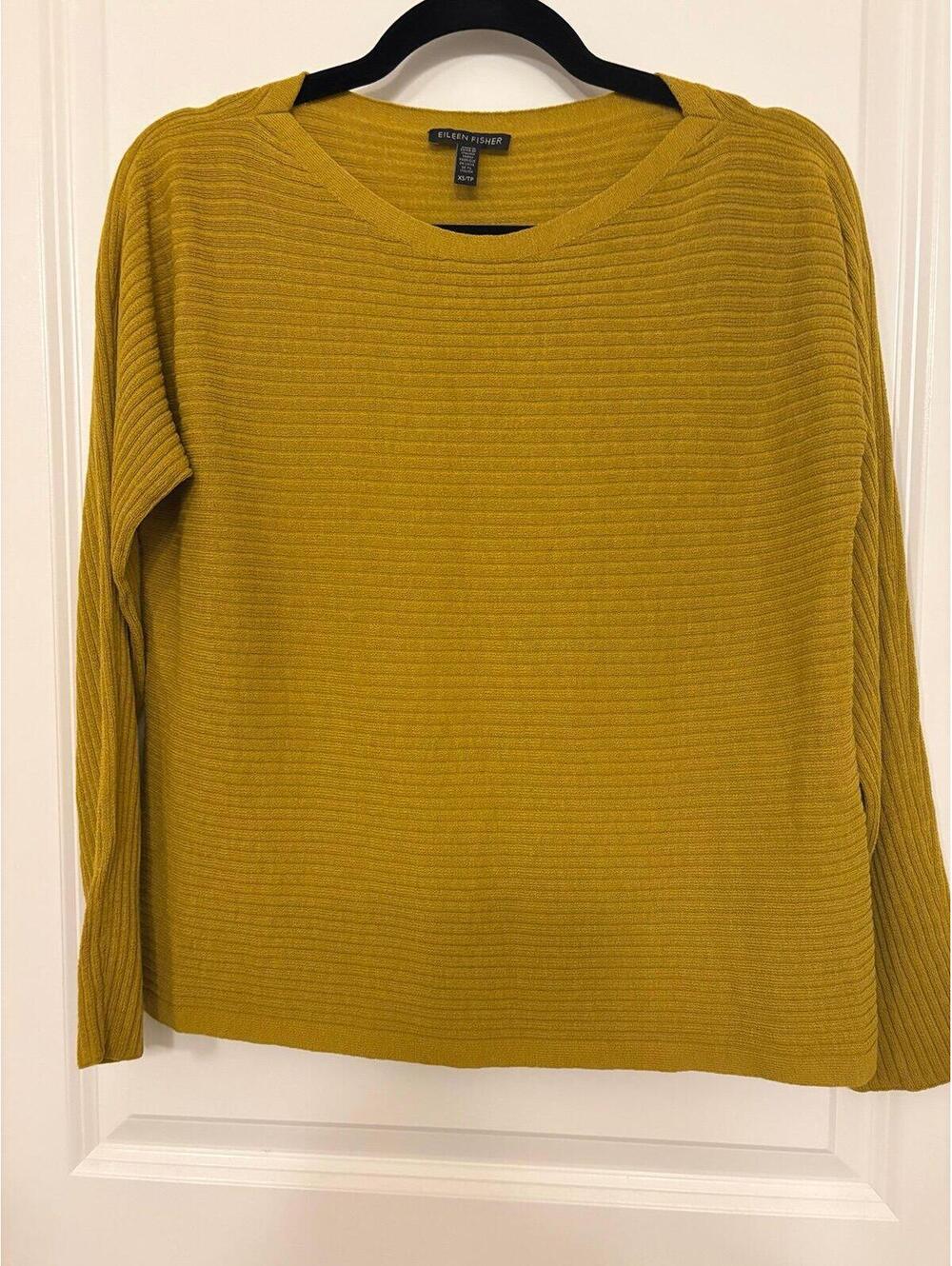 Eileen Fisher 100% Wool Ribbed Sweater XS Mustard Boxy Minimalist